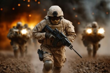 Naklejka premium Soldiers engage in combat during a military operation in a war-torn landscape at dusk