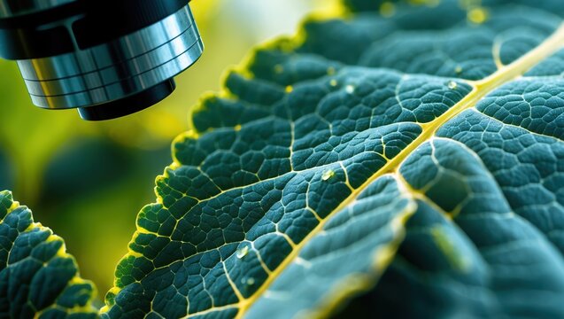 Green Leaf Under Microscope: Detailed Close-up with Water Droplets
