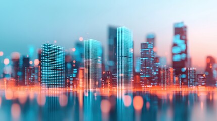 Obraz premium A vibrant city skyline illuminated by blue and orange lights, creating a futuristic and energetic atmosphere against a soft-focus background.