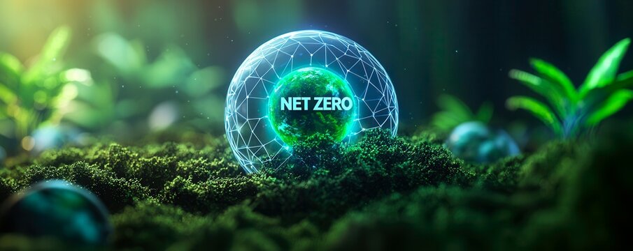 Net zero energy solutions concept. A glowing sphere labeled "NET ZERO" rests on green moss, surrounded by lush foliage, symbolizing sustainability and environmental balance.
