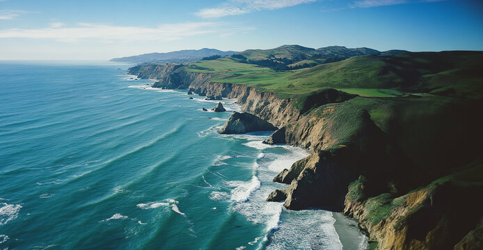 Aerial view of cliffs against the sea with room for text