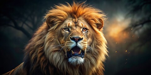 Naklejka premium Majestic Lion Roar in Low Light - Powerful Wildlife Photography