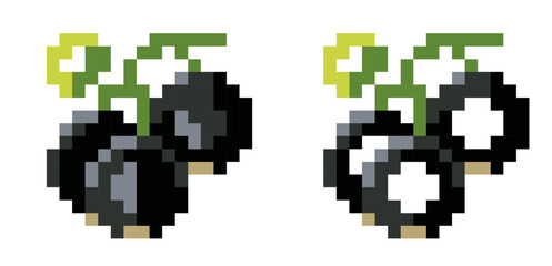 Fototapeta premium Pixelated black currant on a white background. Vector pixel icons of black currant on an isolated background. Minimalistic geometric images of fruits, berries for menus, juices, healthy and baby food