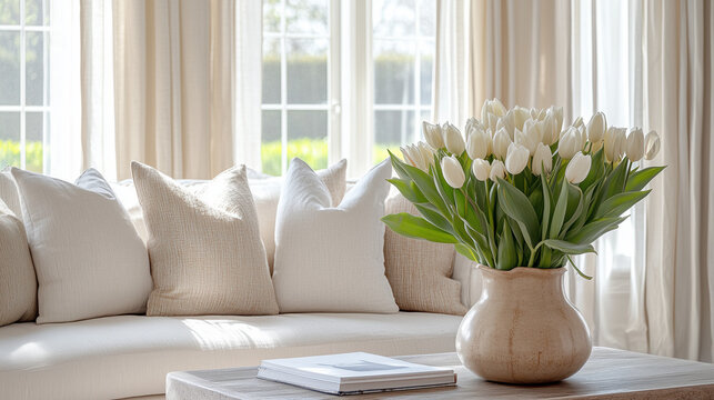 Elegant spring home décor with a vase of white tulips and plush seating in bright, airy living room copy space