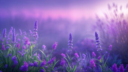 Naklejka premium Lavender flowers blooming in a field at sunset creating a purple haze