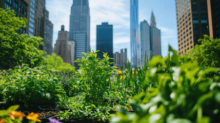 Fototapeta premium lush urban community garden thrives amidst towering city skyscrapers under bright blue sky