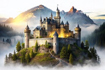 Fototapeta premium Majestic Medieval Castle Fortress Double Exposure PNG Stock Photo - Fantasy Architecture