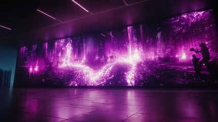 A large purple screen with a cityscape and people in it. Scene is futuristic and vibrant