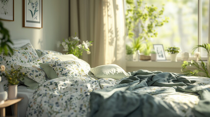 Serene spring home décor featuring floral bedding and a cozy bedroom bathed in soft natural light copy space