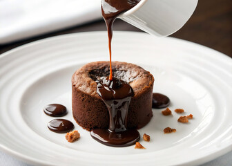 chocolate lava cake on a white plate, being drizzled with a dark sauce.