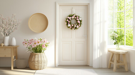 Inviting spring home d&eacute;cor with a floral wreath, potted flowers, and bright entryway filled with natural light copy space