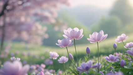 Fototapeta premium Delicate purple flowers blooming in spring meadow at sunset