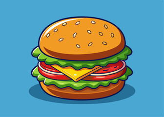 Cartoon Hamburger with Vibrant Colors and Layered Ingredients – Fun and Colorful Food Illustration