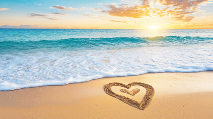 heart shape drawn in sand on beach at sunset, with gentle waves lapping at shore, creating romantic and serene atmosphere. Valentines Concept