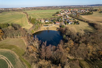 Fototapeta premium Aerial view of village Lipany by Prague, March 2022