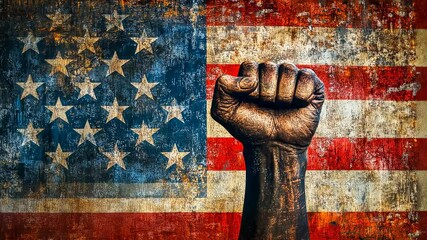 A clenched fist of a Black adult rises against a weathered American flag backdrop, conveying a strong message of resistance and empowerment. This scene captures a mood of defiance and strength,