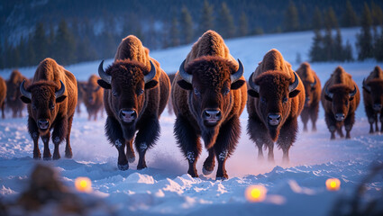 Herd of american bison running on snowy ground at sunset