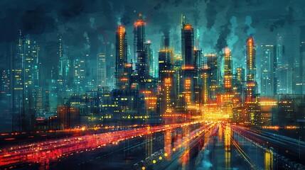 Fototapeta premium Vibrant Night Cityscape with Illuminated Buildings and Roads in an Industrial Landscape