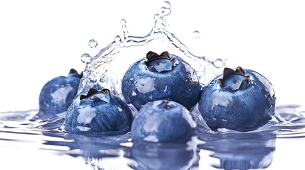 Fresh blueberries splashing in water, vibrant and healthy, perfect for summer dishes.