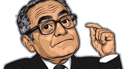 Mature Man in Glasses Thoughtful Expression Hand Gesture Illustration Cartoon Style Portrait