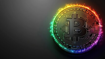Vibrant Rainbow Lit Bitcoin Cryptocurrency Digital Coin Closeup