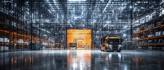 Modern warehouse interior with industrial truck and shelving, illuminated by bright lights, showcasing logistics efficiency