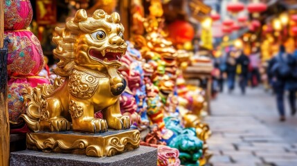 Fototapeta premium Golden Foo Dog, Chinese Market, Festival, Souvenir, Street