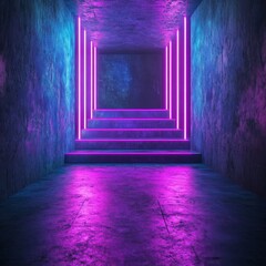 Fototapeta premium Empty Dark Room With Neon Glowing Purple And Blue Pink Neon 