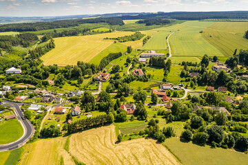 Aerial view of ex Sudeten village Vendoli on historical border Moravia and Czechia in June 2022
