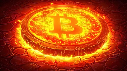 Fiery Bitcoin Cryptocurrency Coin on Lava Digital Art Burning Hot