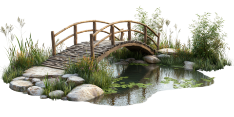 Serene Wooden Bridge Over Calm Water Isolated on transparent background