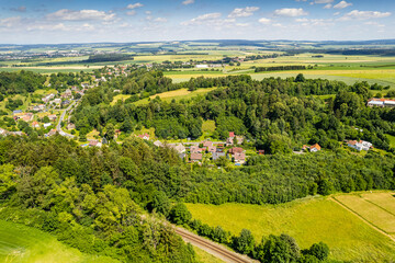 Aerial view of ex Sudeten village Vendoli on historical border Moravia and Czechia in June 2022