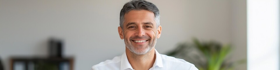 Obraz premium A man with a beard and gray hair is smiling and looking at the camera. He is wearing a white shirt and standing in front of a potted plant