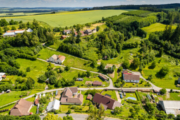 Aerial view of ex Sudeten village Vendoli on historical border Moravia and Czechia in June 2022