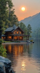 Fototapeta premium Lakeside log cabin at sunset, reflecting in calm water. (1)