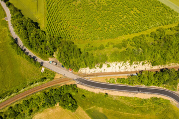 Aerial view train station of ex Sudeten village Vendoli on historical border Moravia and Czechia in...