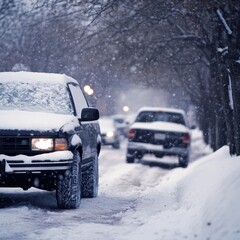 Naklejka premium Vehicles and tires navigating snowy roads in serene winter conditions, HD phone wallpaper.