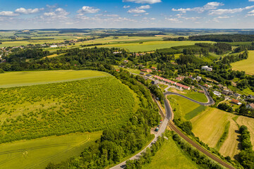 Aerial view of ex Sudeten village Vendoli on historical border Moravia and Czechia in June 2022