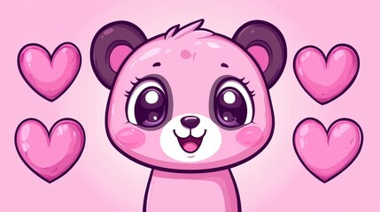 Obraz premium Adorable Pink Panda Bear Cub Cartoon Illustration with Hearts Cute Kawaii Animal Design for
