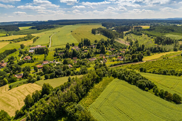 Aerial view of ex Sudeten village Vendoli on historical border Moravia and Czechia in June 2022