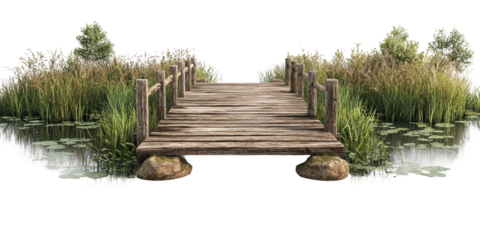 Tranquil Wooden Dock Surrounded by Lush Greenery Isolated on transparent background
