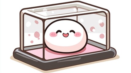 Adorable Cartoon Mochi in a Glass Display Case Cute Japanese Sweet Treat Illustration