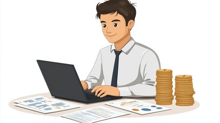 Successful Businessman Working on Laptop Financial Reports Stacks of Coins