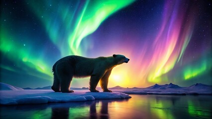 Majestic Polar Bear Silhouette Against Aurora Borealis in Arctic Wilderness