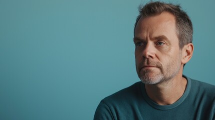 Fototapeta premium Thoughtful Man on Blue Background Space
