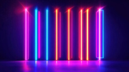 Fototapeta premium Colorful Neon Lights in a Dark Space with Vertical Lines Creating a Futuristic and Vibrant Atmosphere Ideal for Digital Art and Event Backgrounds