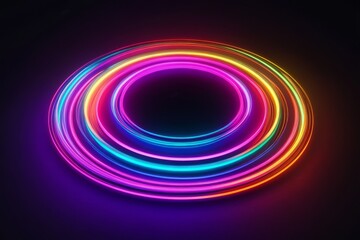 Naklejka premium Vibrant, concentric neon rings radiate a stunning glow in the dark, creating an enchanting and mesmerizing circular light display that features a captivating and hypnotic pattern that draws your gaze