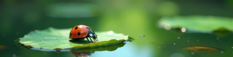 Naklejka premium Ladybug on a leaf floating on serene lake surface, peaceful, insect, water