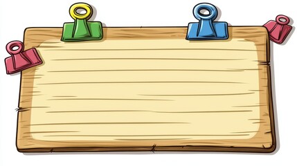 Wooden Notice Board with Colorful Clips Blank Space for Text or Message Cartoon Style Illustration