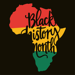 Black History Month Banner design with African continent in Pan-African colors and bold black lettering. Cute symbolic illustration in concept cultural pride of African roots. For social media banner.